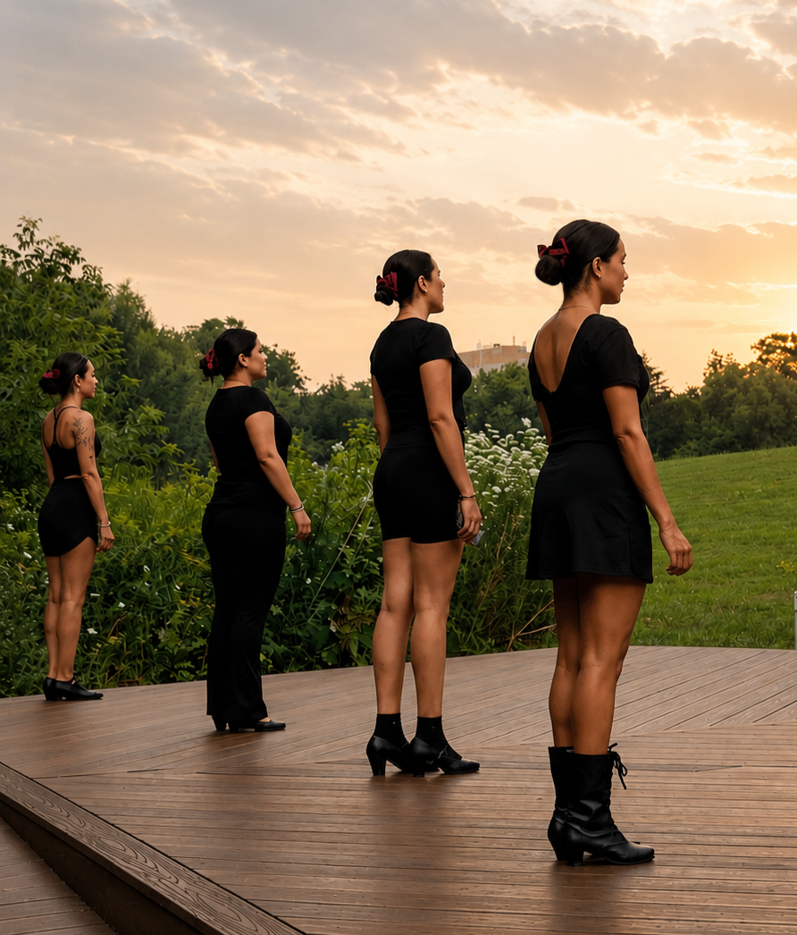 Four women standing in a line on a wooden platform outdoors at sunset, facing to the right, dressed in black outfits and heels, with greenery and a cloudy sky in the background.