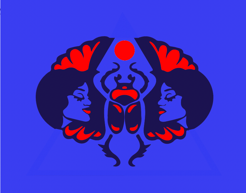 Symmetrical graphic featuring two women's profiles facing each other, with butterfly wings and a central red circle, set against a blue background.