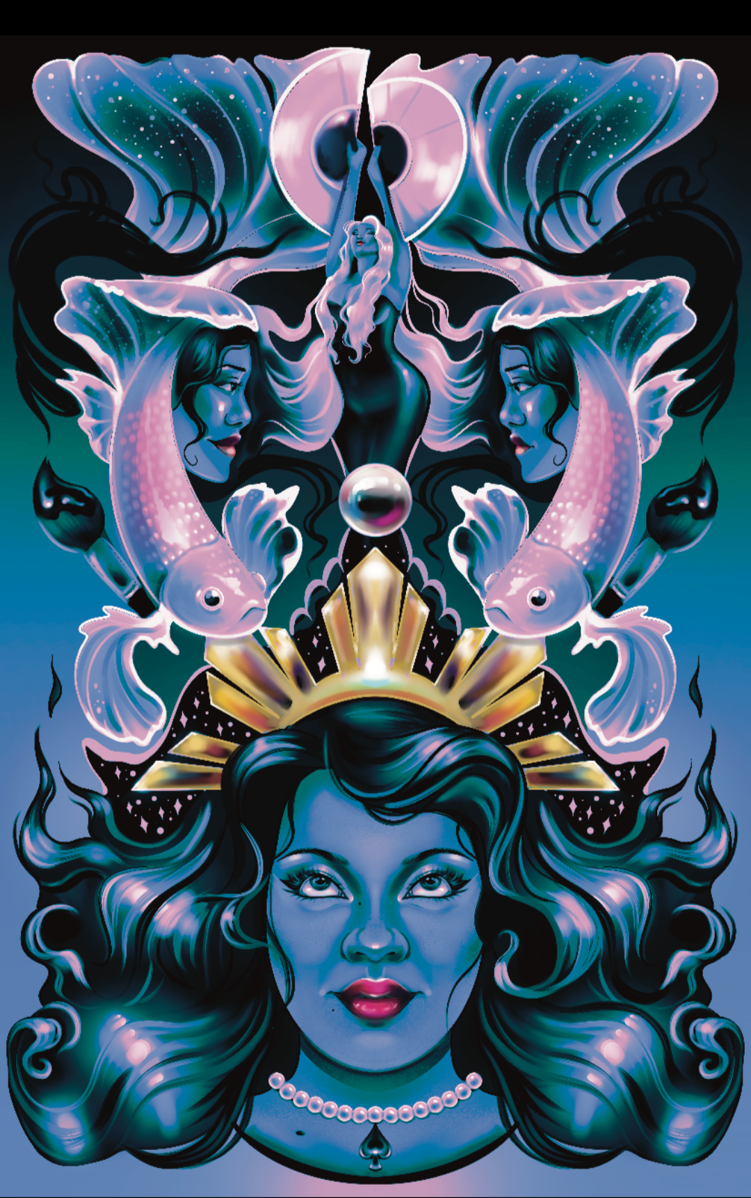 A surreal digital art of a woman with flowing hair, surrounded by fish, moons, and celestial elements, featuring mirrored faces and glowing accents.