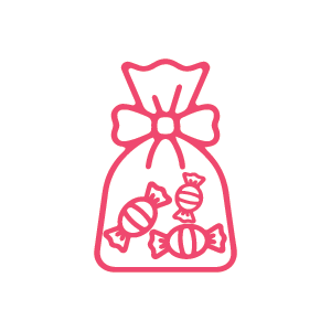 White outline of a gift bag with a bow on top and three wrapped candies inside