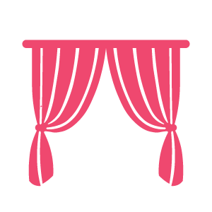 Illustration of pink curtains tied back with gold cords.