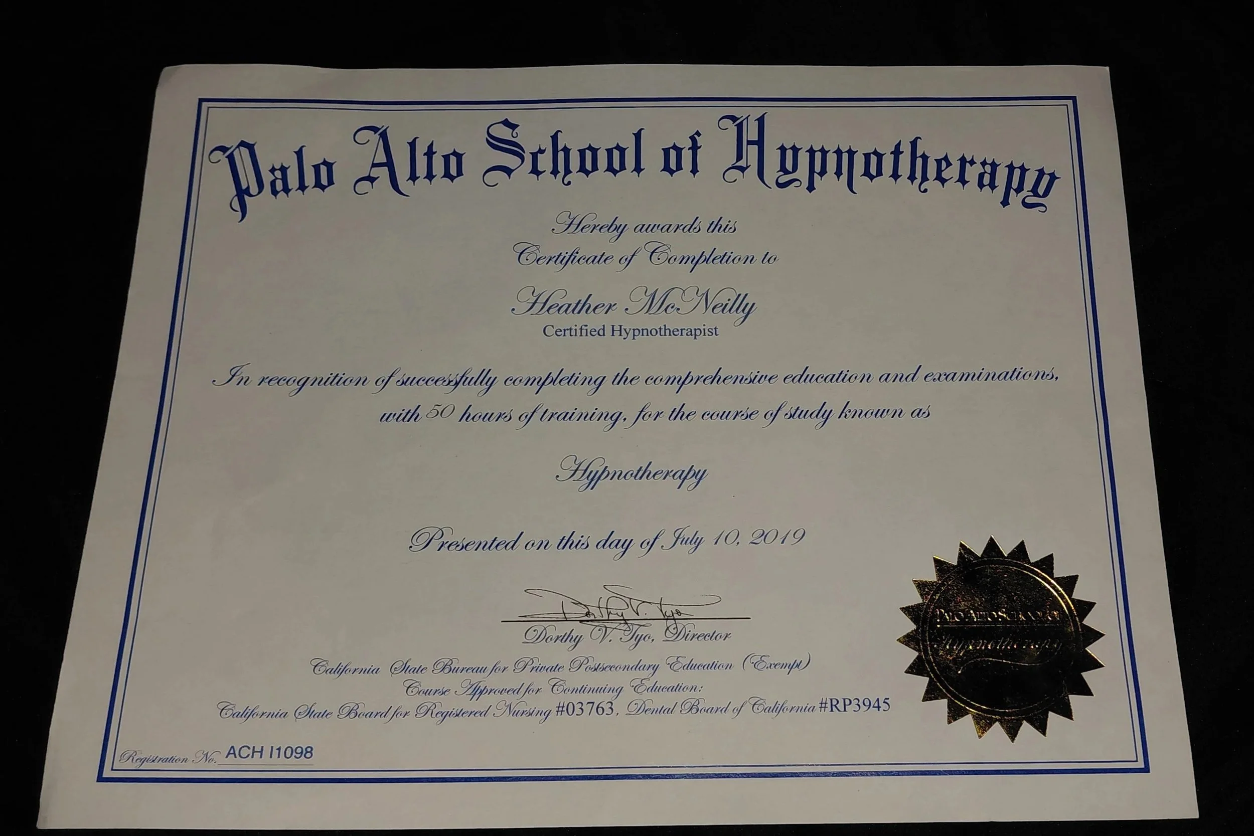 Certificate of completion from Palo Alto School of Hypnotherapy awarded to Heather Mc Neilly for completing 50 hours of training, dated July 10, 2019.