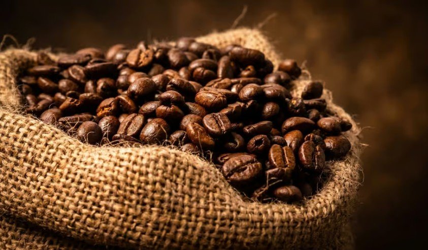 A burlap sack filled with roasted coffee beans.