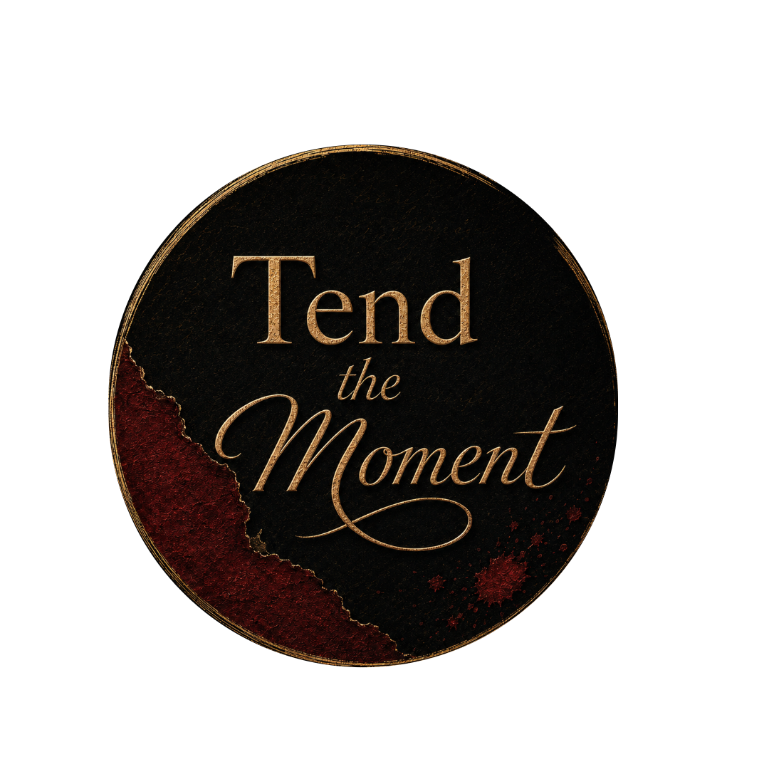 Tend the Moment circular logo in textured gold, oxblood red, and ivory.