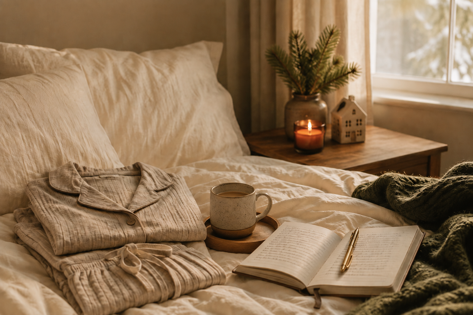 Folded pajamas, a mug on a wooden tray, and an open journal arranged on a bed for Christmas morning.