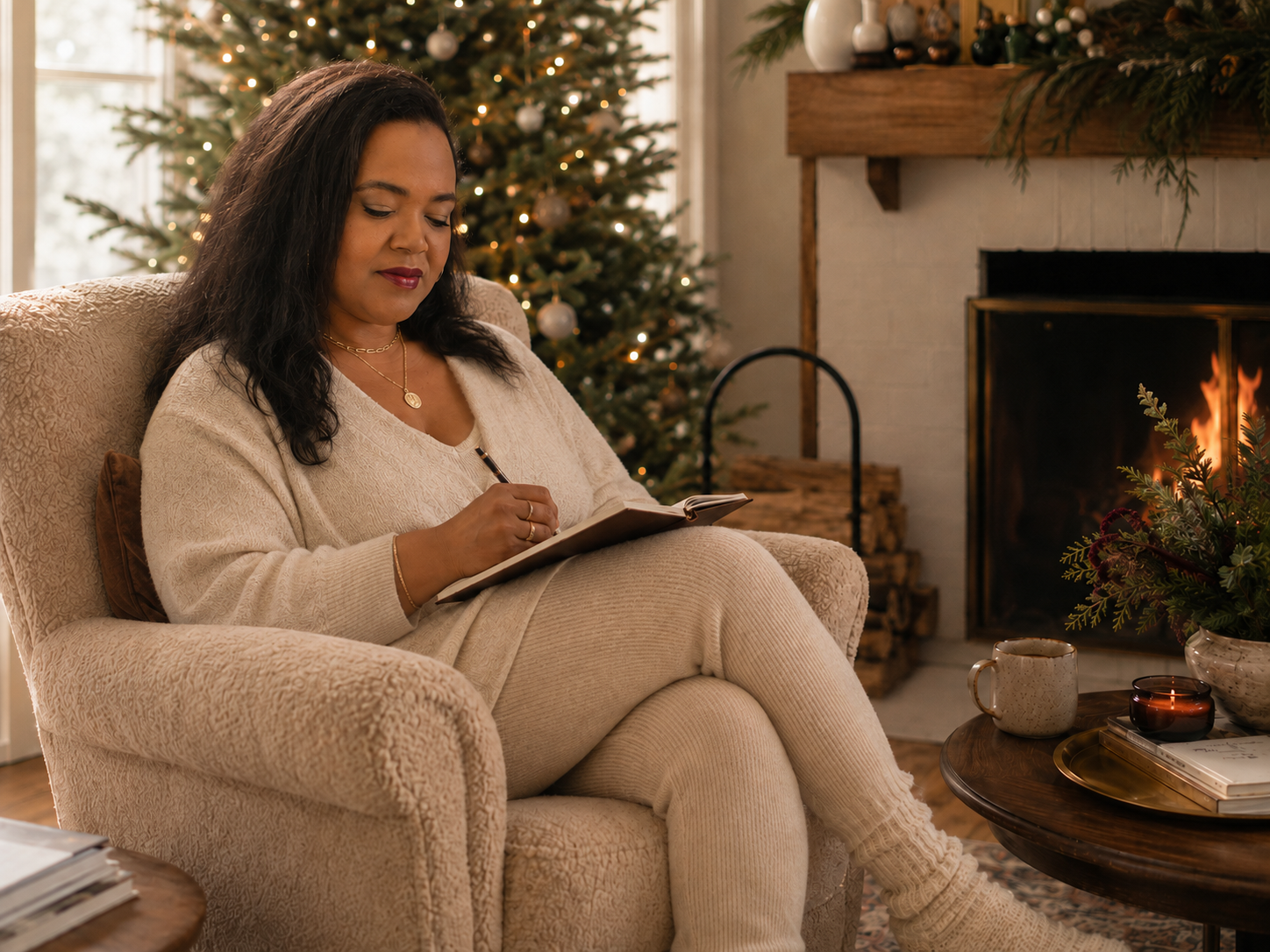 Woman in a cream knit lounge set sits in a cozy armchair, writing in a journal beside a lit fireplace and decorated Christmas tree.