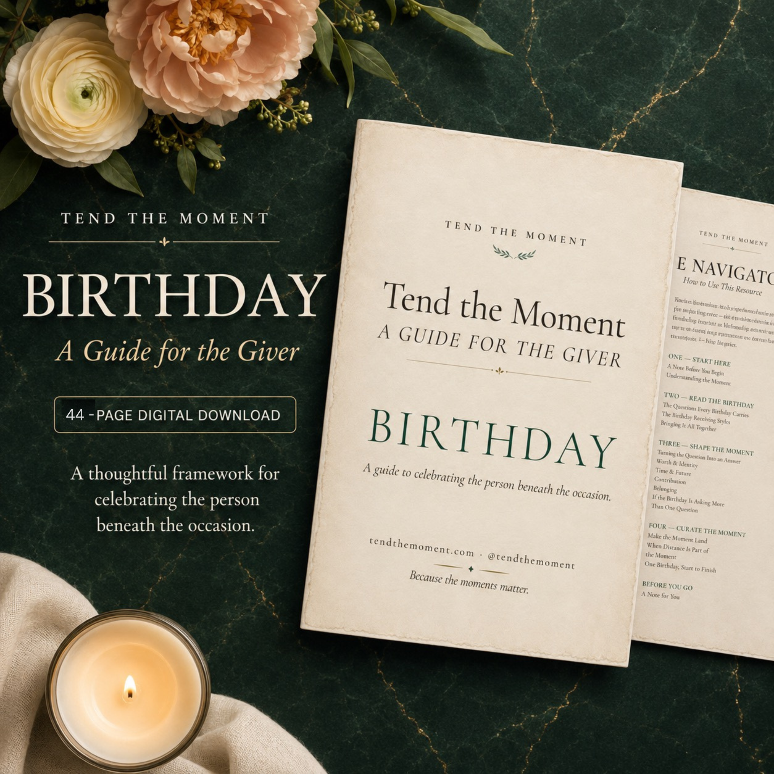 Tend the Moment Birthday guide displayed with its digital guide pages on a dark green marble surface.