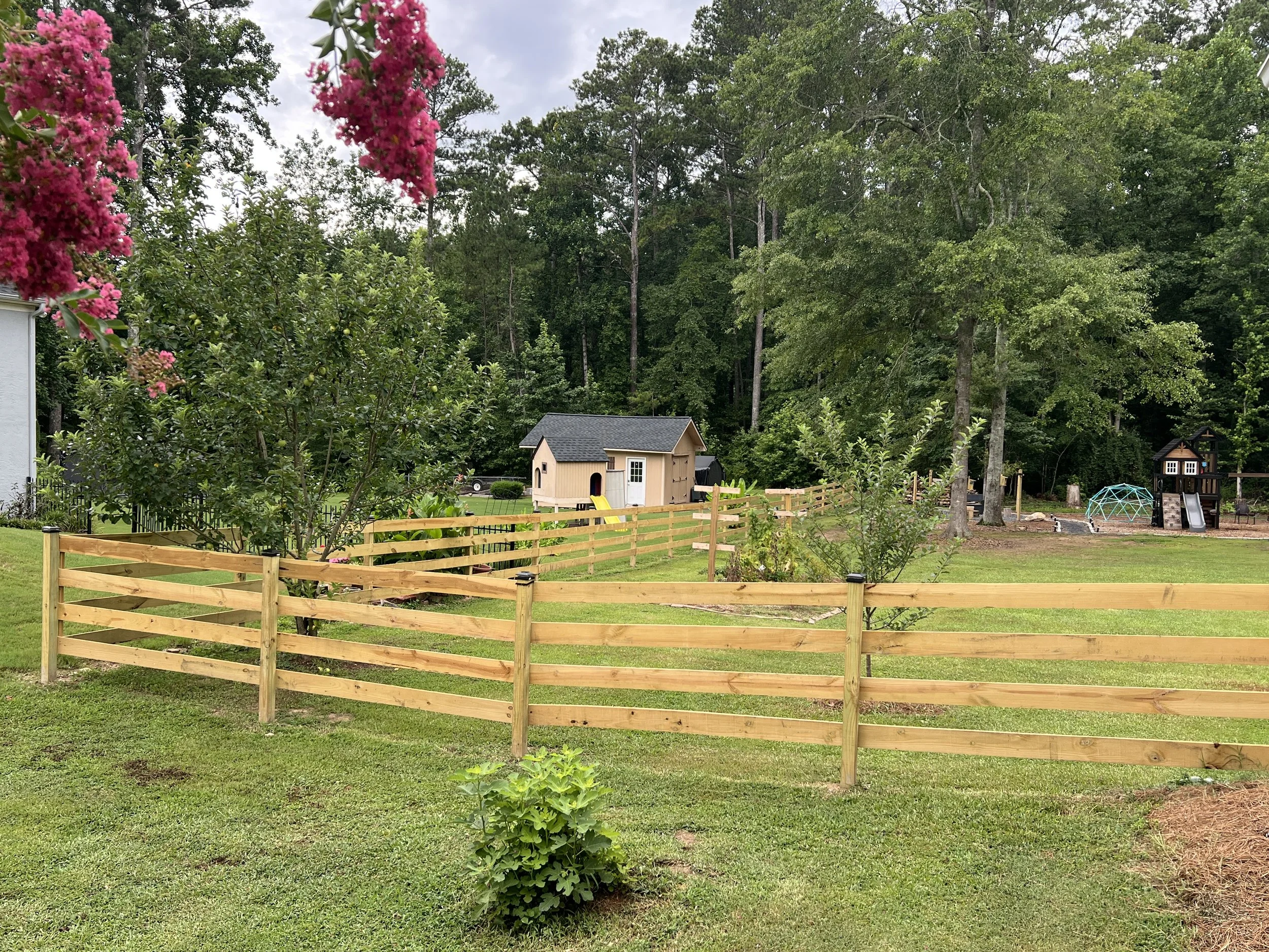 A backyard with a wooden fence, various trees, a small playhouse, a slide, and a blue geodesic dome structure, with a cloudy sky above.