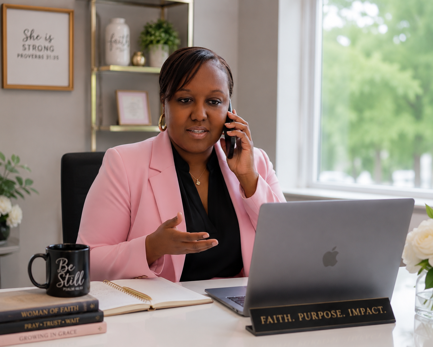 A woman sitting at a desk, talking on a phone, with a laptop, books, and a coffee mug, in a bright office with a window and decorative items.