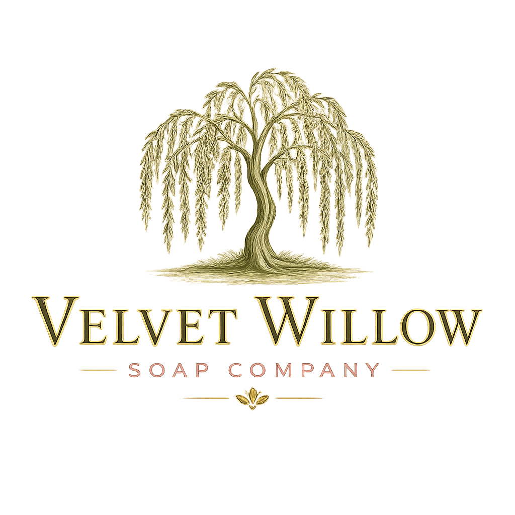 Logo for Velvet Willow Soap Company featuring a stylized willow tree with drooping branches and the company name in gold and pink text.