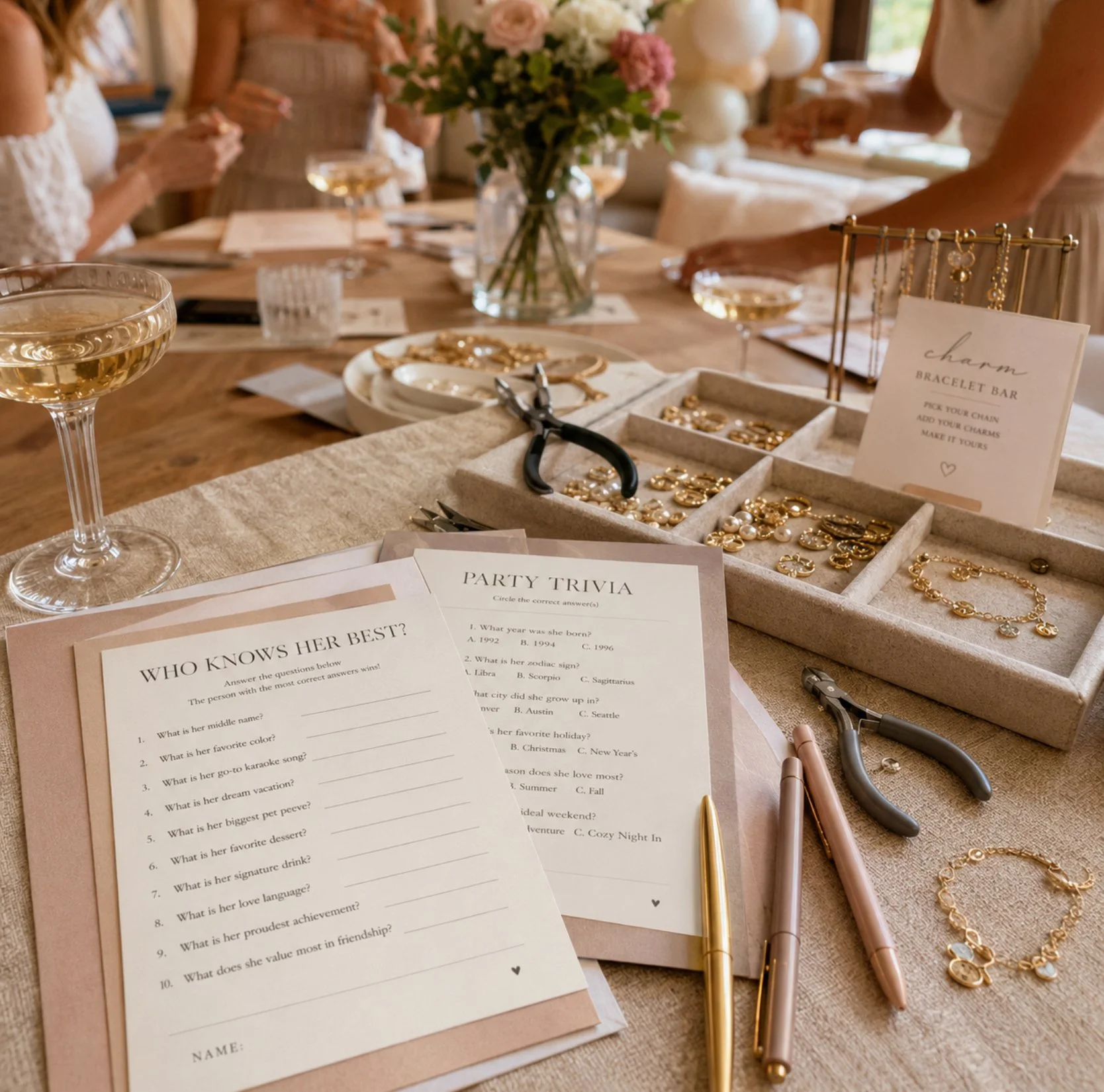 Elegant party activities station with personalized games, jewelry-making supplies and coordinated event details