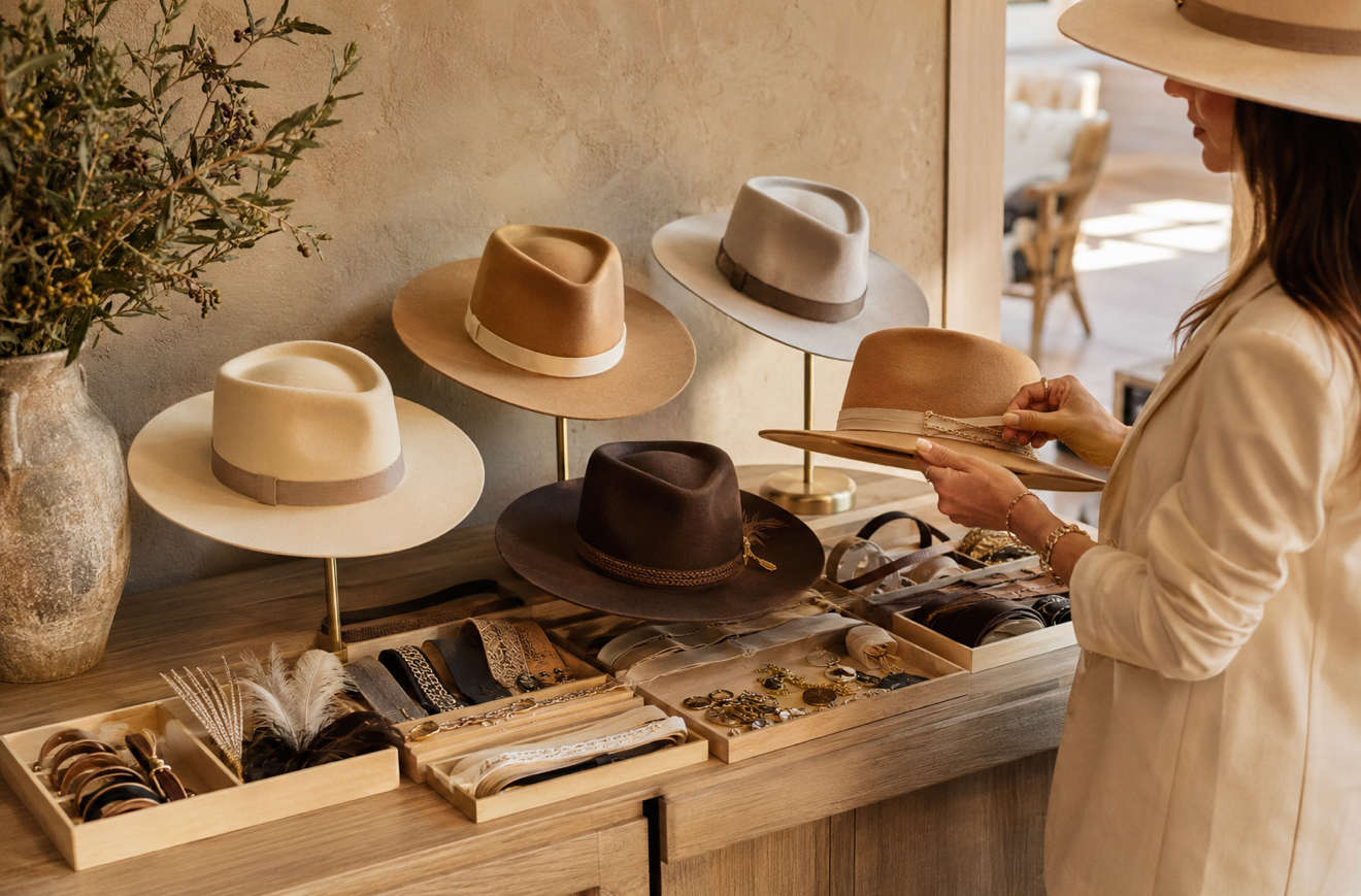 Custom hat bar experience with western-style hats and accessories for guests to personalize during a celebration