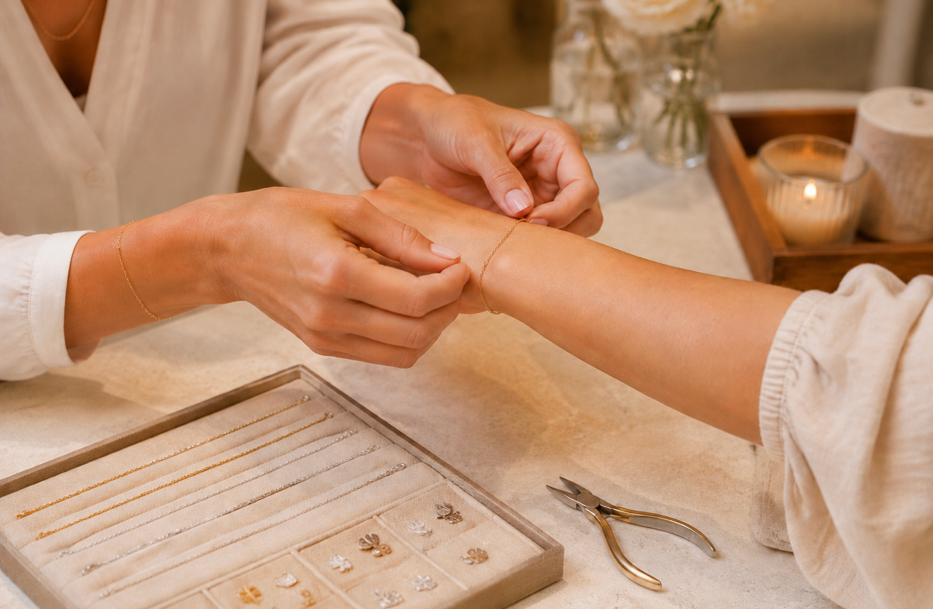 Permanent jewelry experience with a guest receiving a custom fitted bracelet during a private event
