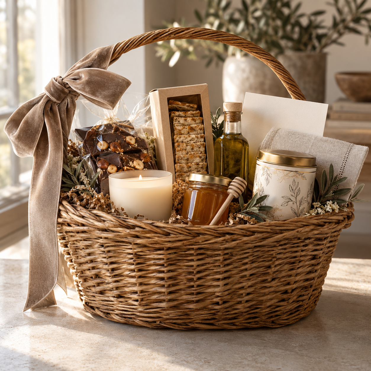 Signature curated gift basket with artisan treats, candle, honey and luxury ribbon by ABB Concierge