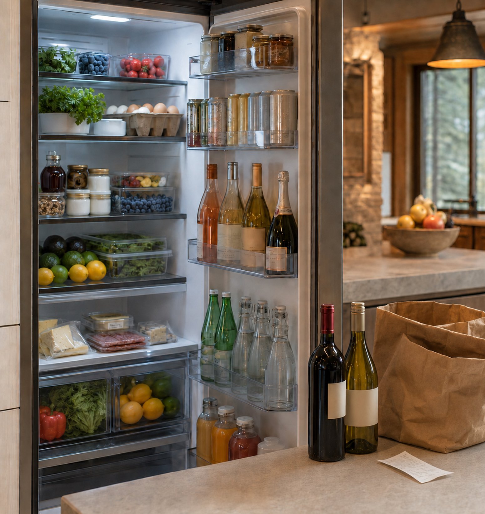Vacation rental refrigerator stocked with fresh groceries, beverages and essentials for arriving guests