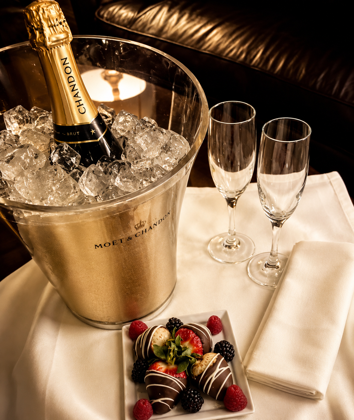 Chilled bottle of champagne with two glasses and chocolate-covered strawberries prepared for a guest arrival and romantic occasion