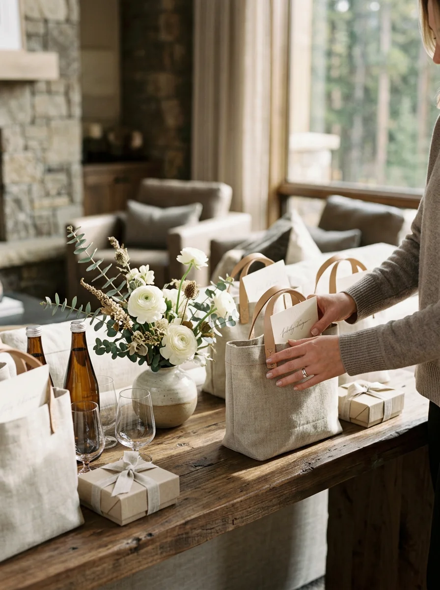 Linen welcome bags, white flowers and ribbon-tied gift boxes arranged on a wooden table for a Colorado corporate retreat.