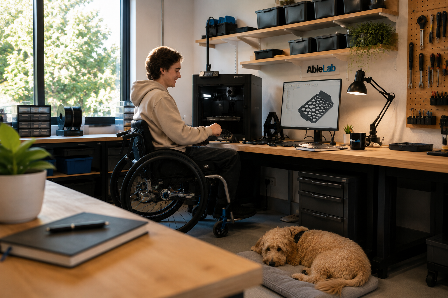 A young man in a wheelchair working at a desk in a workshop with a 3D printer, a computer monitor displaying a 3D model, and various tools on the wall. There is a golden retriever lying on a dog bed on the floor and a plant in a pot on the table in the foreground.