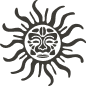 A stylized black sun with wavy rays and a smiling face