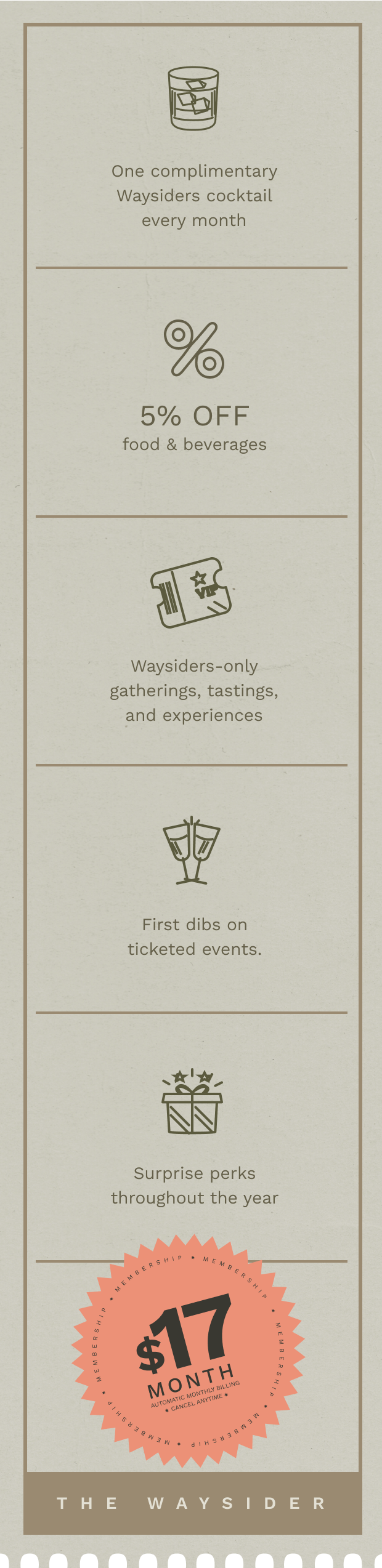 A promotional flyer for Waysiders membership, offering a $17 monthly fee that includes benefits like a free cocktail each month, 5% off on food and beverages, exclusive gatherings and tastings, first dibs on ticketed events, and surprise perks throughout the year.