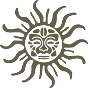 Black sun with a human face in the center and sun rays radiating outward
