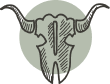 A stylized illustration of a bull's head with prominent horns and a fierce expression.