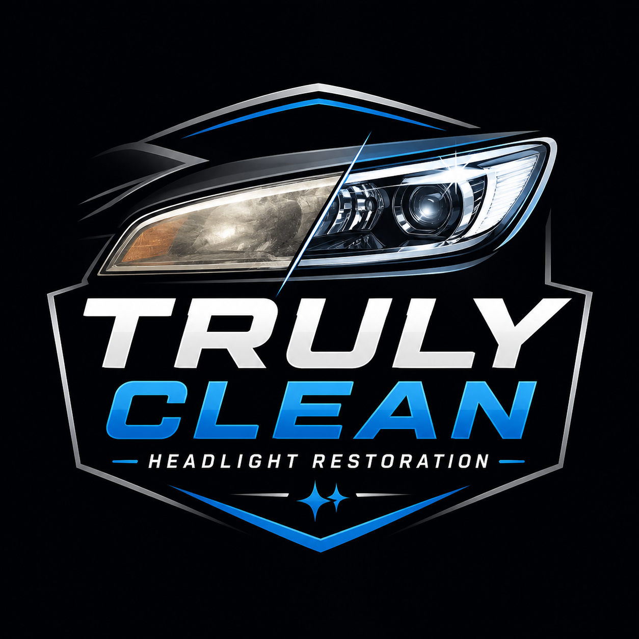 Logo featuring a car headlight and the text 'Truly Clean Headlight Restoration' with a black background.