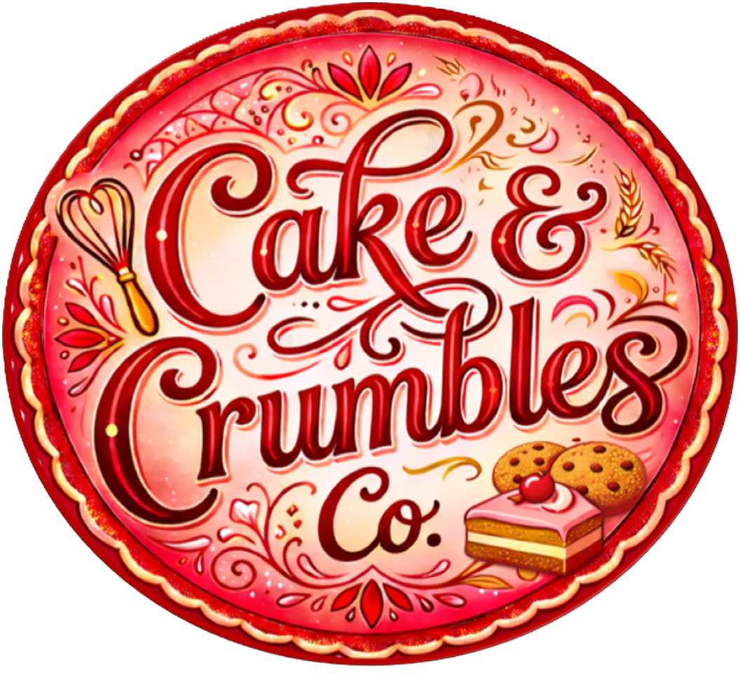 A bakery logo with the words "Cake & Crumbles Co." in red, decorative script. The logo features a pink and red color scheme, with illustrations of a whisk and a piece of cake topped with a cherry, along with cookies and decorative floral and swirl accents.