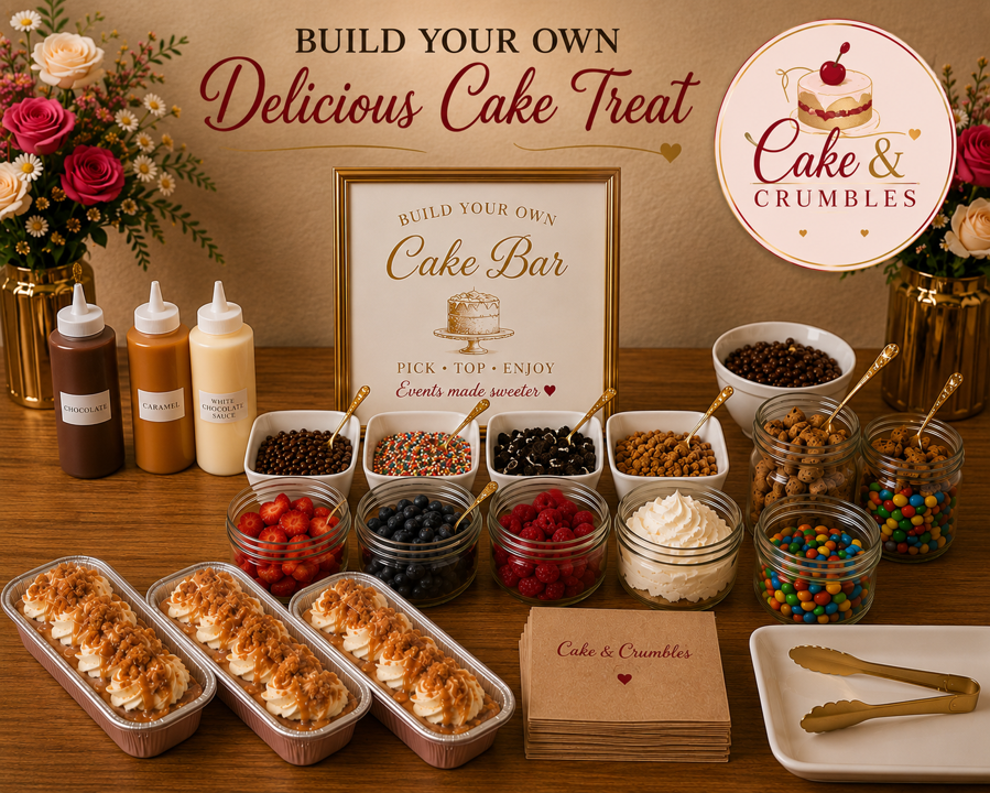 A dessert station featuring ingredients for a build-your-own cake and crumble bar, with bowls of berries, chocolate chips, sprinkles, and toppings, along with bottles of chocolate, caramel, and white chocolate sauces, and desserts in cups.