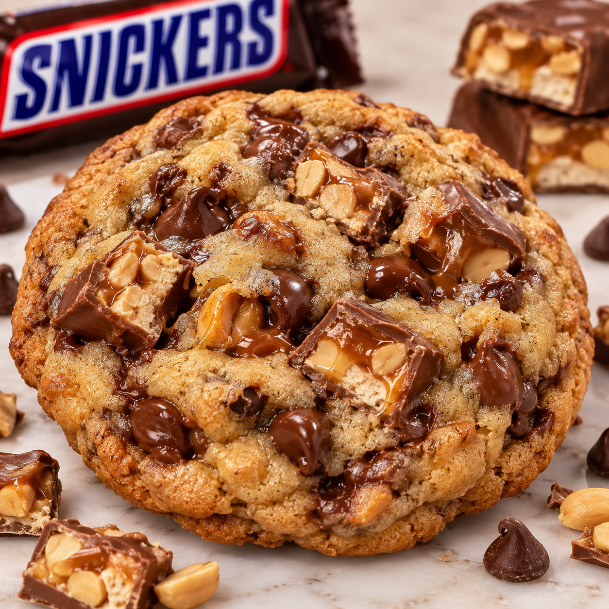 Gooey Snickers Stuffed Chocolate Chip Cookies