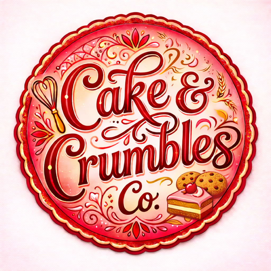 Decorative logo for Cake & Crumbles Co. featuring a pink and red circular border, stylized text, a cake slice with whipped topping and a cherry, and two cookies.