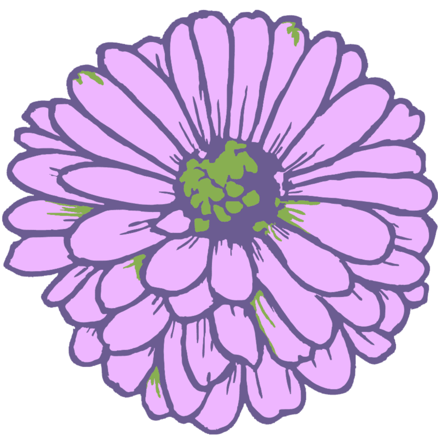 A stylized illustration of a purple flower with green center details.