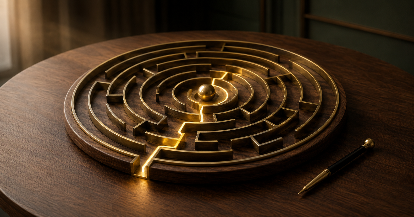 Labyrinth: The ideas, choices, and uncertainty clients bring Illuminated path: The clear, actionable strategy created during the session Center sphere: Their defined goal or priority Pointer: Intentional decision-making. clarify the path →