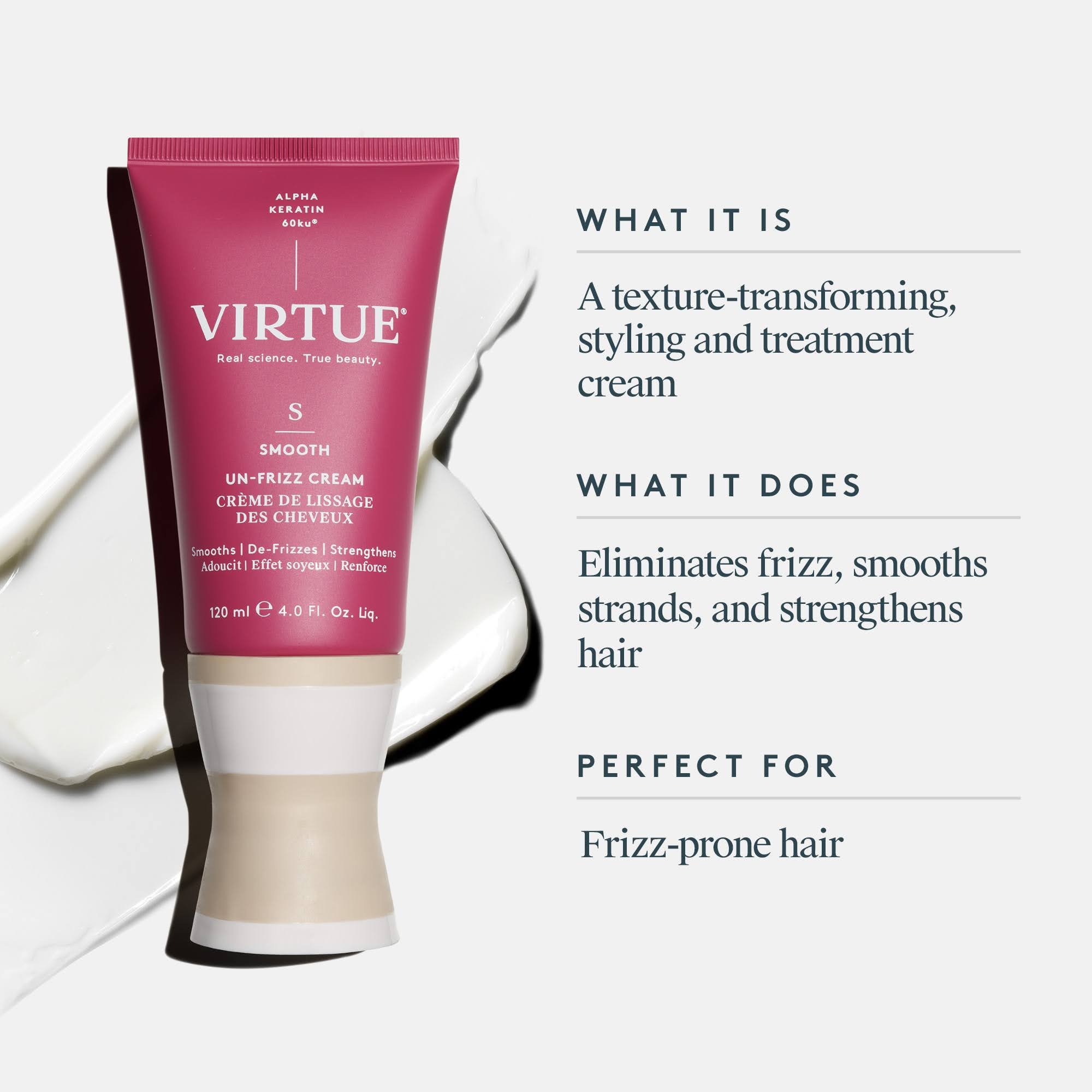 A tube of Virtue smoothing hair cream with text describing its features, placed against a white background.