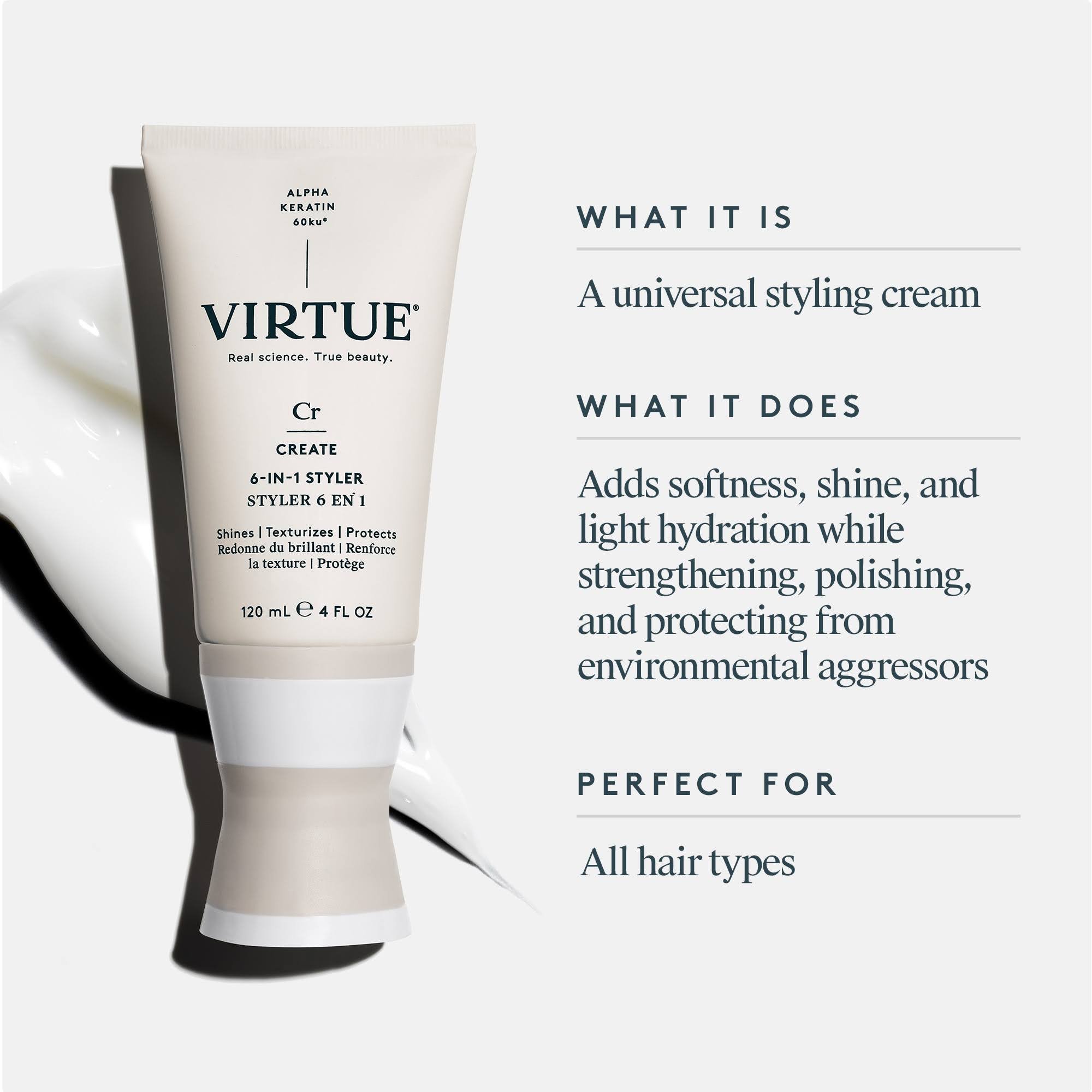 A tube of Virtue Alpha Keratin 6-in-1 Styling Cream with text highlighting its benefits for all hair types.