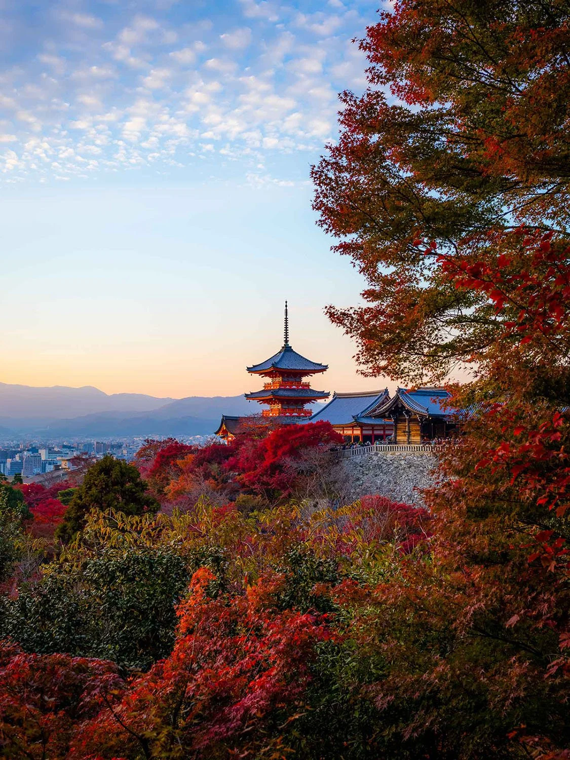 Traditional Japanese pagoda surrounded by vibrant autumn leaves with a cityscape and mountains in the background during sunset.