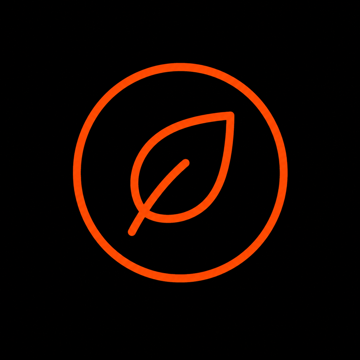 Red neon outline of a leaf inside a circle on a black background.