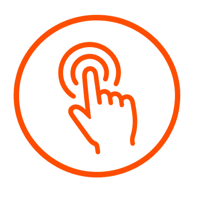 Neon icon of a hand tapping a button inside a circle, indicating interaction or touch screen.