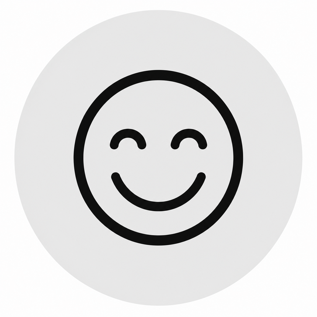 Smiling happy face icon with closed eyes in a black outline on a white background.