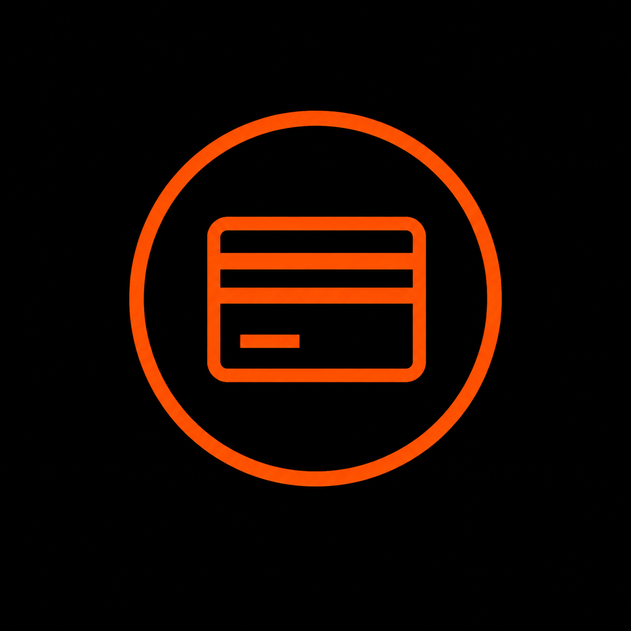 Neon orange credit card icon inside a circle on black background.