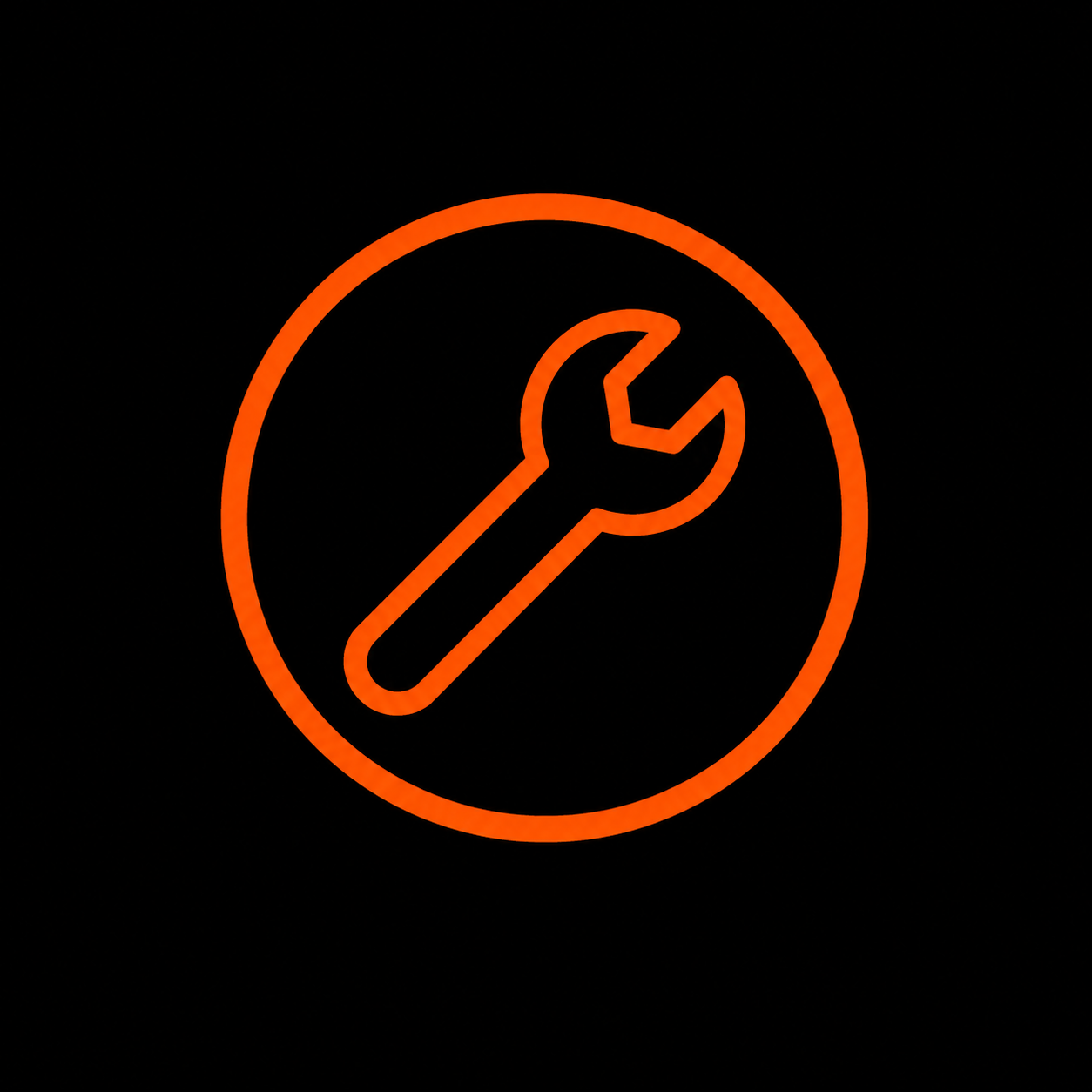 Neon orange wrench icon inside a circle on a black background.