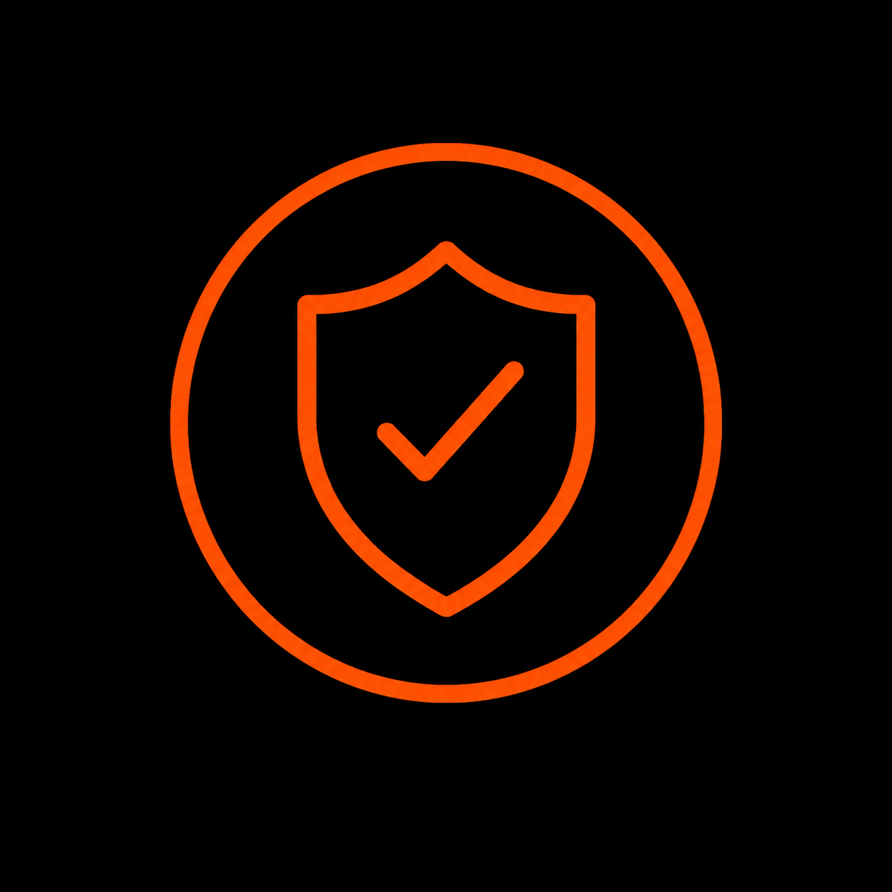Glowing orange shield with a checkmark inside, encased within a circle, on a black background.