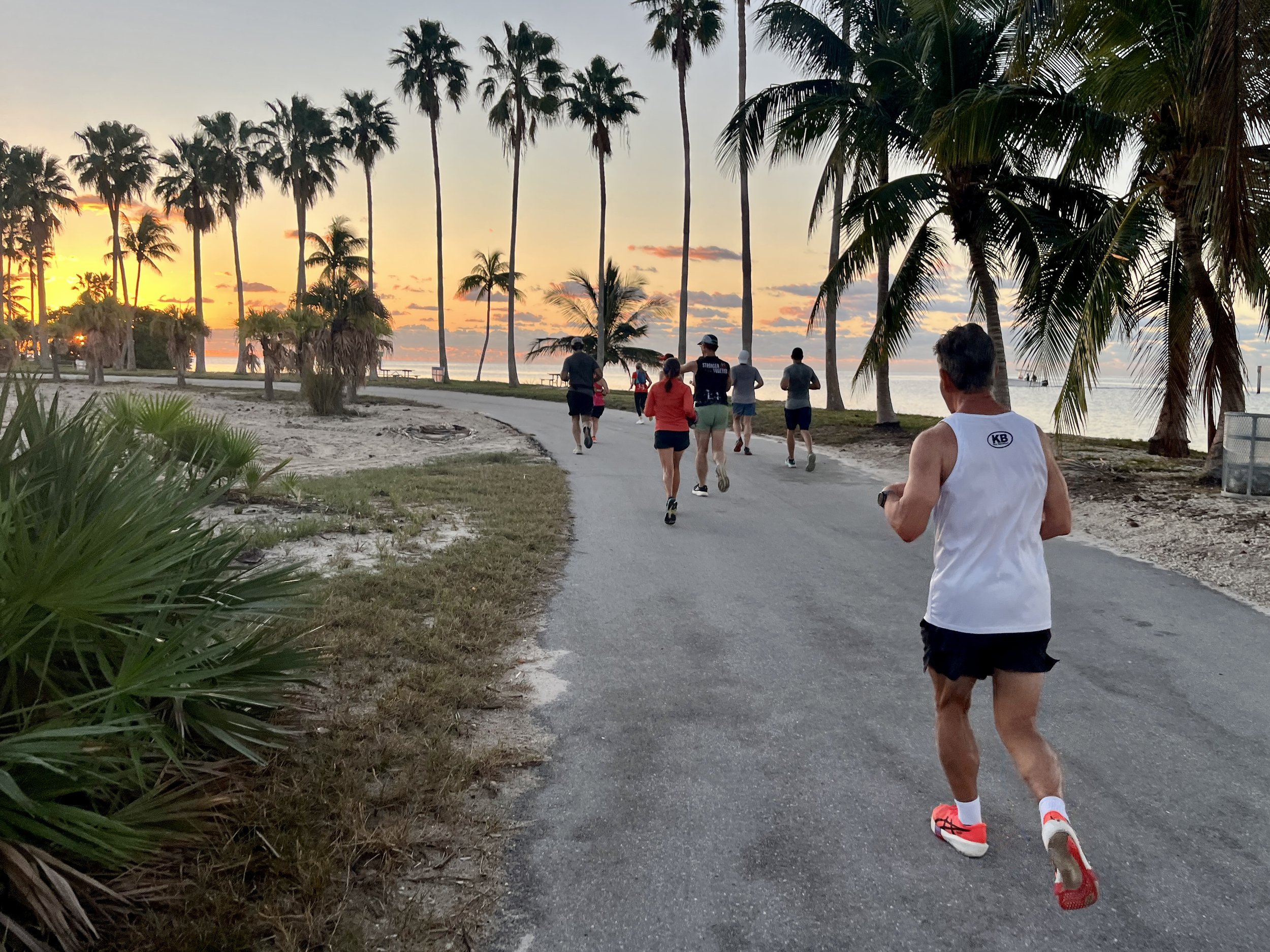 Group of runners on a paved path running toward the sunrise on a beach with palm trees