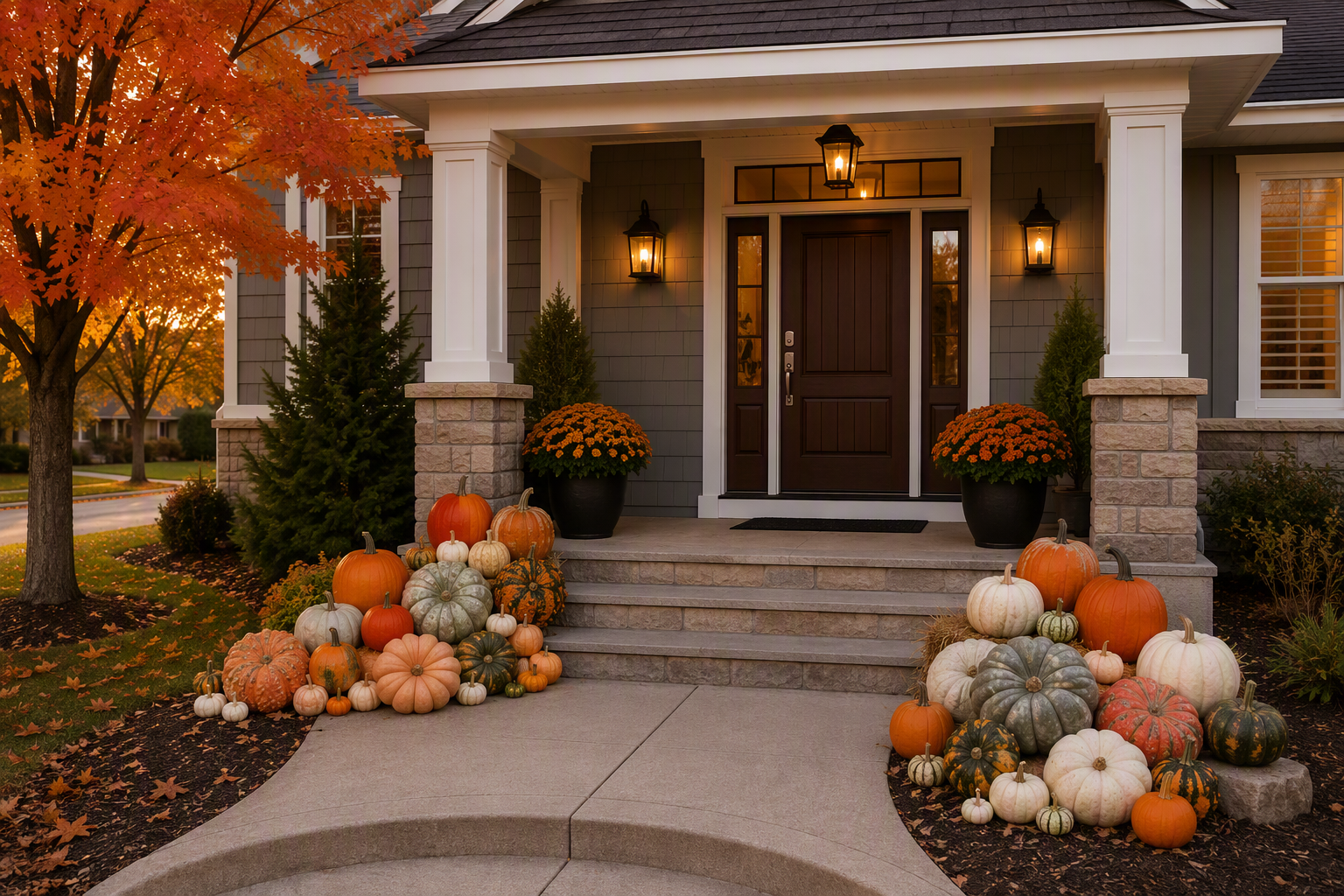 Decorative pumpkins and gourds in fall colors outside a house with a dark door, surrounded by pumpkins and fall-themed plants, during autumn.