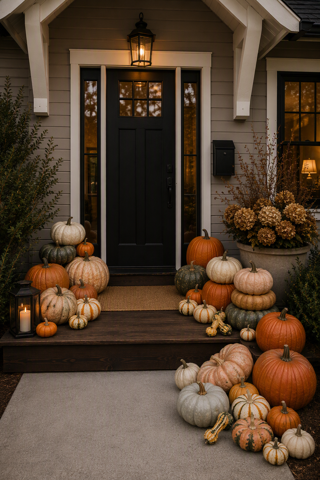 Decorative pumpkins and gourds surround the front door of a house for fall or Halloween, with a lantern and candle as accents.