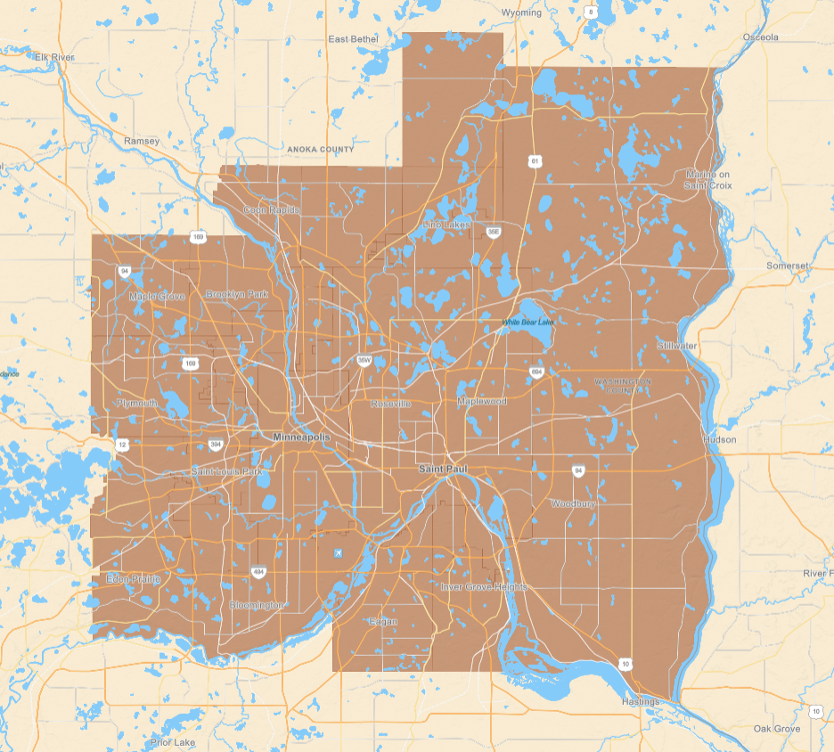 Map of Minneapolis, Minnesota, showing city boundaries, lakes, rivers, and surrounding areas in brown and blue.