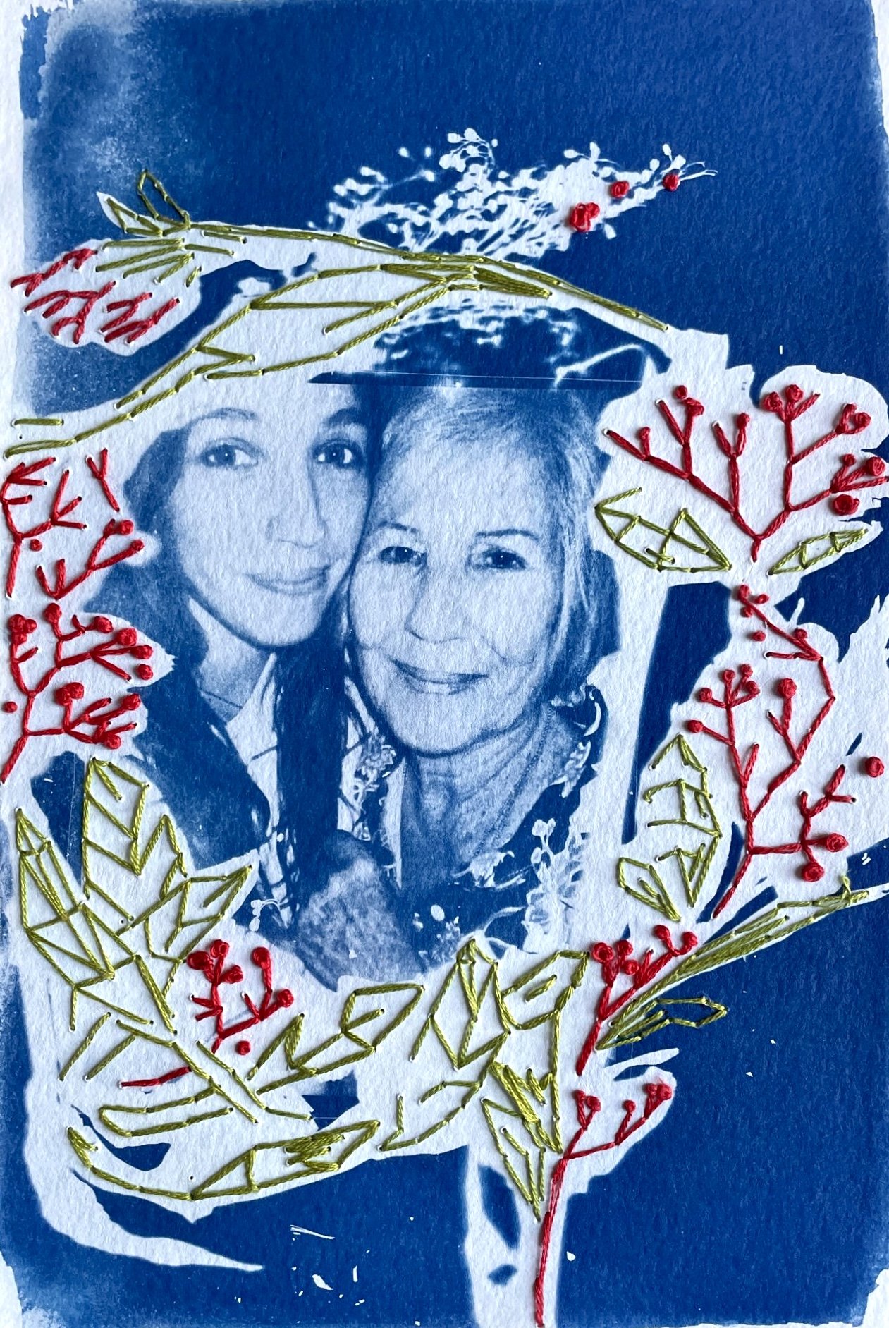 "Abuela" Cyanotype on paper with embroidery. 