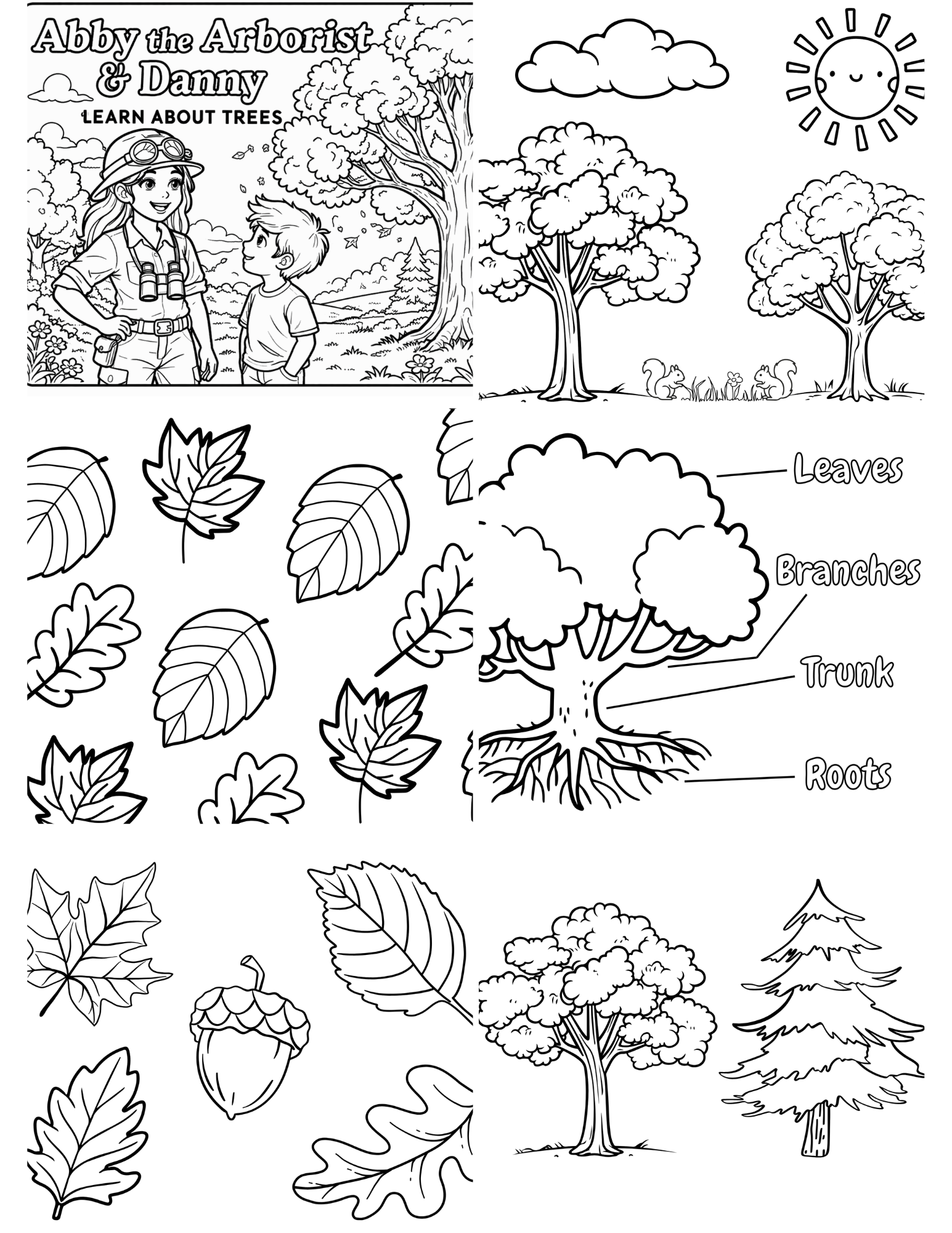 Black and white coloring page titled "Abby the Arborist & Danny," featuring scenes of trees, squirrels, and nature, with labels for tree parts including leaves, branches, trunk, and roots.