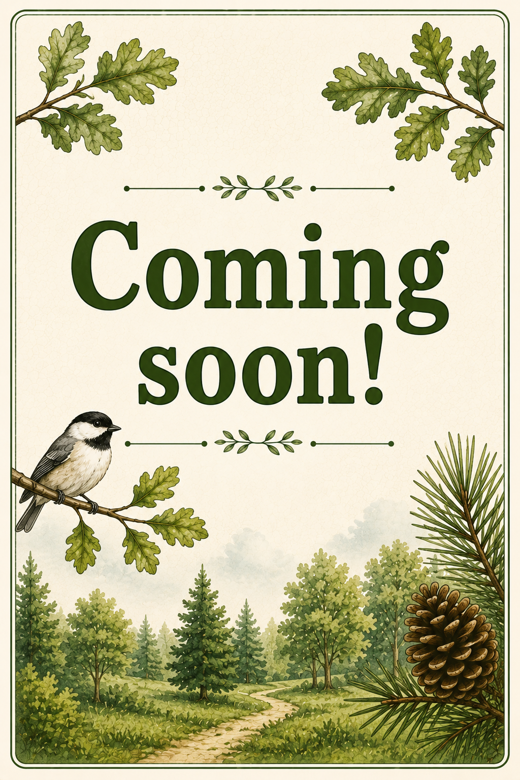 A nature-themed announcement board with the message "Coming soon!" set against a background of trees, pinecones, and a bird perched on a branch, all in a watercolor style.