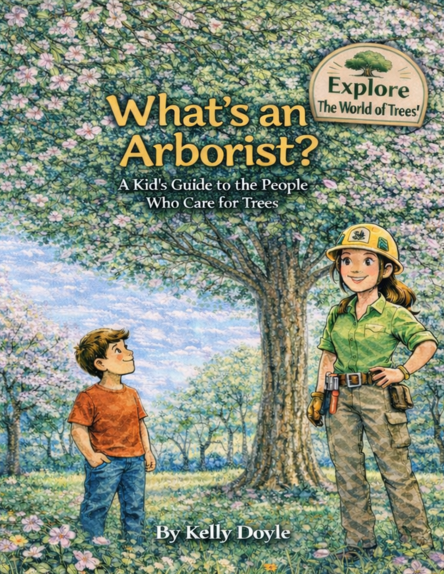 A children's book cover titled "What's an Arborist?" by Kelly Doyle, featuring an illustration of a girl in a ranger uniform and a boy standing under a flowering tree, with the phrase "Explore the World of Trees!" in a badge in the top right corner.